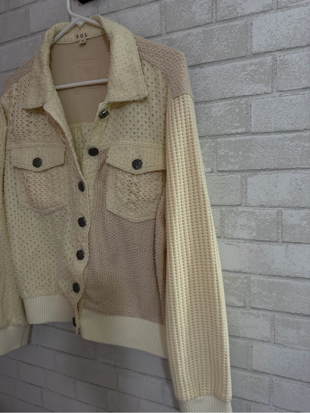 POL Two-Tone Cream & Beige Mixed-Knit Button Cardigan - Picture 3 of 6